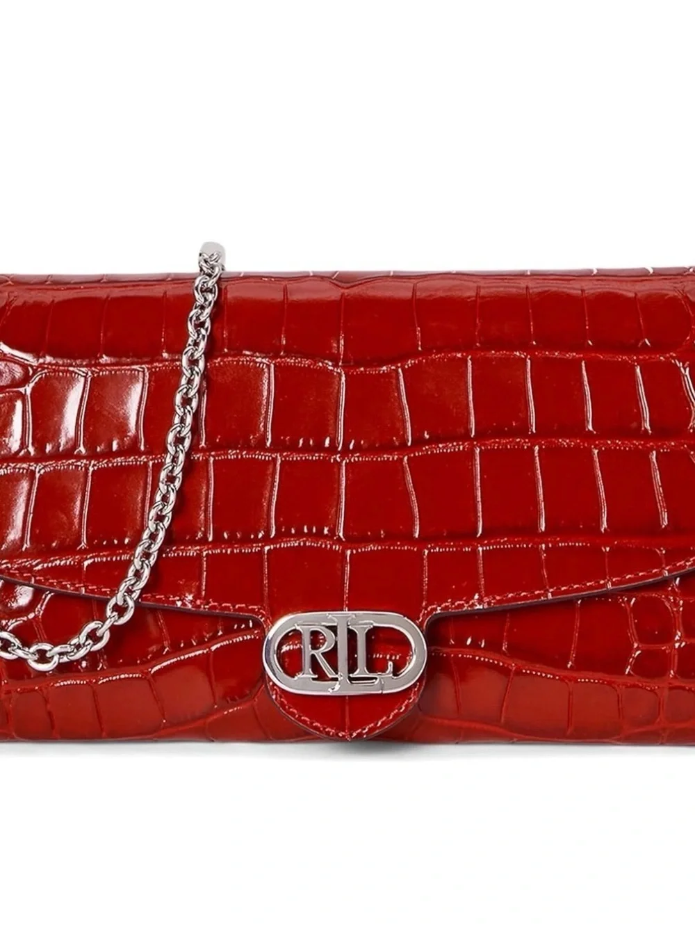 Ralph Lauren Glossy Red Croc-Embossed Chain Clutch